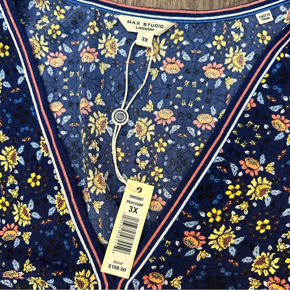 Max Studio Maxi Floral Beach Cottage Boho Dress Blue Multicolor Sz 3X $188 - Picture 2 of 10